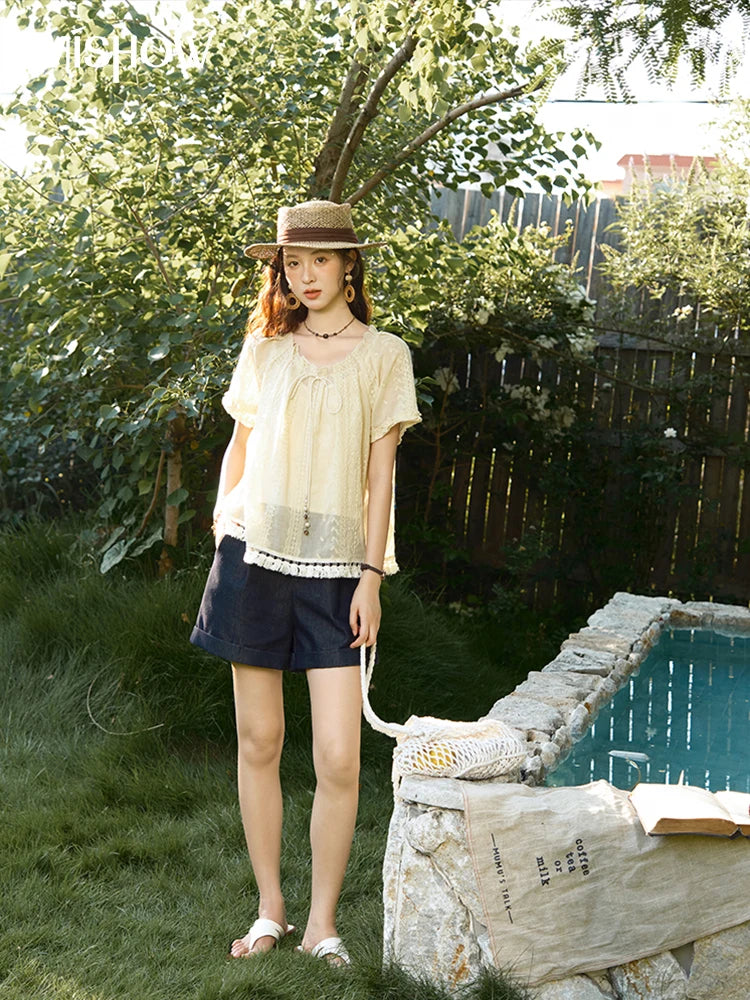 MISHOW Women's Embroidery Jacquard Blouse 2025 Summer New Fashion O-Neck Lace Up Short Sleeve Blouse Female Clothing MXE37X1861