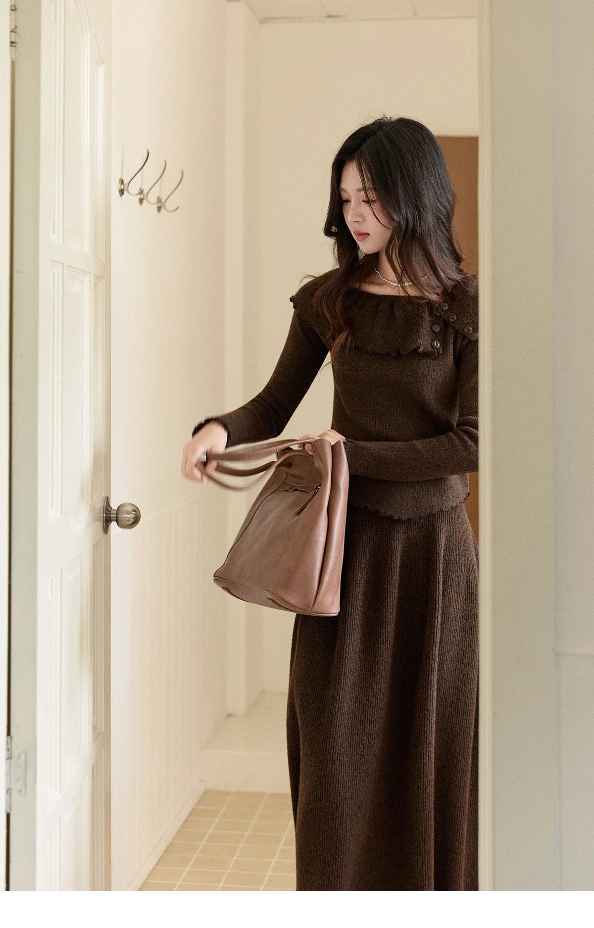 MISHOW Women's Retro Knitted Two-Piece Set 2025 Winter Coffee Ruffle Boat Neck Top A-Line Elastic Waist Skirt Outfit MXE93T1455