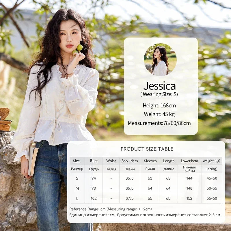 MISHOW Embroidered Blouse Women 2025 Spring New French Elegant Apricot Lace Premium Drawstring Design V Neck Tops MXE11X1708