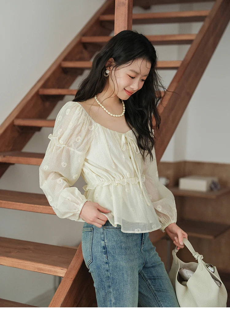 MISHOW Women's Fashion Cashew Flower Embroidered Blouse 2025 Autumn V-neck Lace Up Puff Sleeve Ladies Elegant Top MXE41X1945