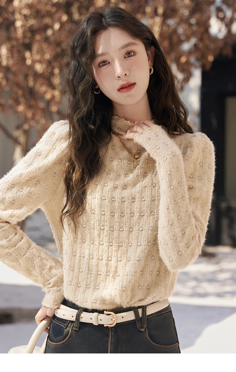MISHOW Lace Bottoming Shirt Women Autumn Winter Mock Neck Long Sleeve Knitted Pullover French Warm Inner Top Female MXC58Z0481