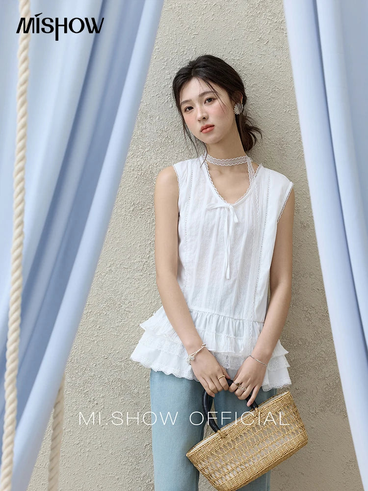 MISHOW Versatile Summer Vest Women 2025 New Solid V-neck Lace Cake Hem Sleeveless Vests Female Fashion Straight Tops MXE31X1779