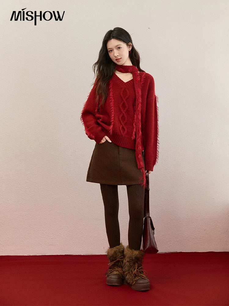 MISHOW Christmas Knitted Sweater Women 2025 Winter Burgundy V-neck Loose Tops Mink Fur Tassel with Scarf Tie Sweaters MXE93Z2809