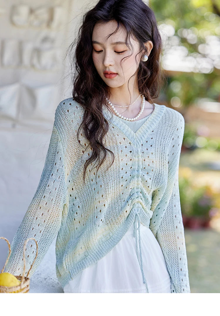 MISHOW Gradient Blue Green Knitted Sweater Women 2025 Autumn Long Sleeve V-neck Drawstring Tops New Fashion Sweaters MXE16Z1171