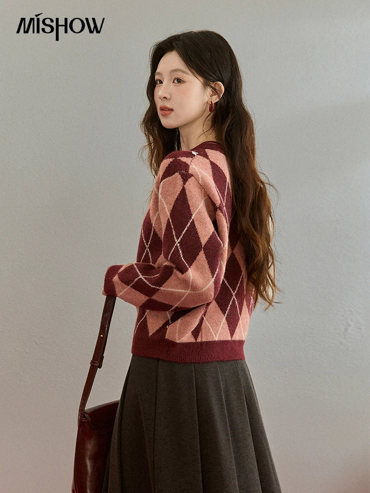 MISHOW Christmas Retro Diamond Grid Sweater Cardigan for Women 2025 Winter O-neck Contrasting Thick Knitted Sweaters MXE91Z2773