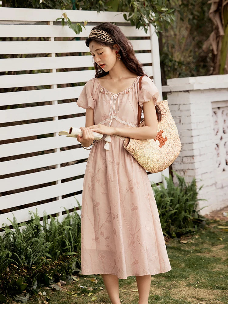 MISHOW Print Office Lady Dress Women Summer 2025 Short Sleeve Round Neck Beaded Neckline Slim Waist Dresses Female MXE33L2208