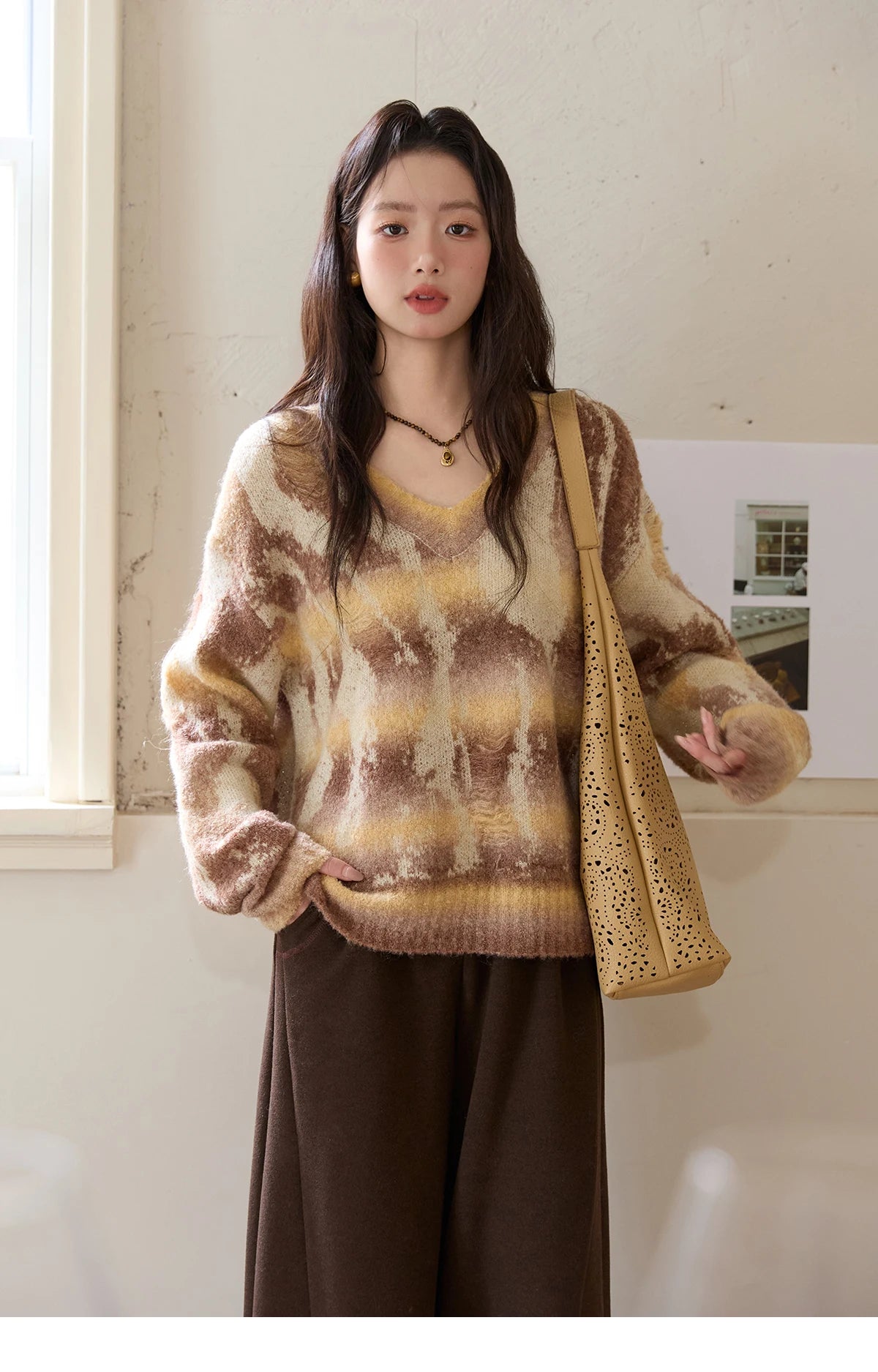 MISHOW Yellow Coffee Gradient Sweater Women 2025 Autumn Winter New V-neck Cable Knit Top Retro Commute Loose Sweater MXE51Z2627
