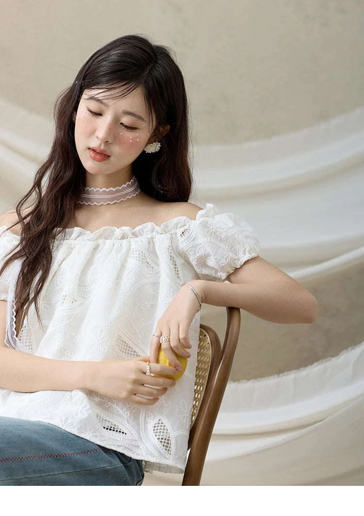 MISHOW French Summer Shirts Women New 2025 Slash Neck Short Sleeve Solid Lace Blouses Female Fashion Slim Tops Lady MXE35X1775