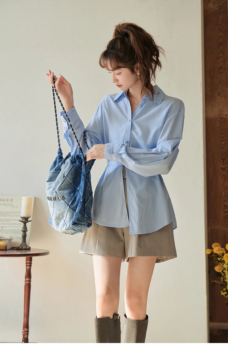 MISHOW Women's Casual Loose Shirt 2023 Autumn Turn-down Collar Embroidery Hollowed Out Single Breasted Mid Length Top MXC41C0077