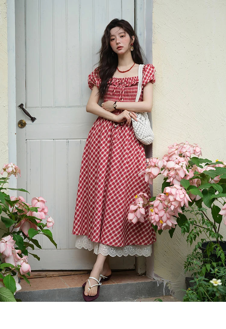 MISHOW Women's Retro Red Plaid Dress 2025 Summer New Square Neck Lace Up Hollow Out Spliced Dresses Women's Clothing MXE39L2324