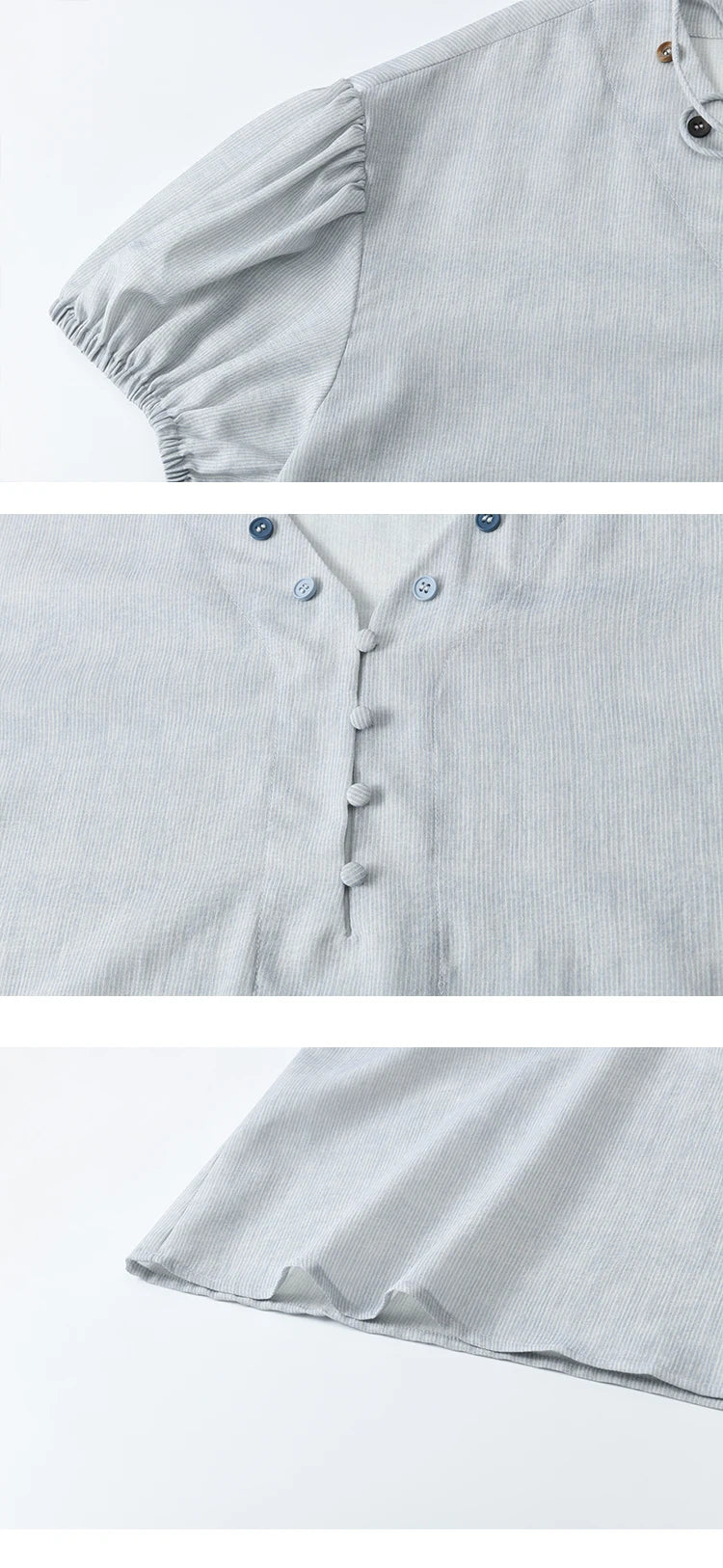 MISHOW French Summer Blouses Women Solid Short Puff Sleeve V-neck Lace-up Design Shirts Female Fashion Straight Tops MXE33X1743