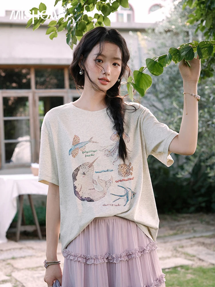 MISHOW Fashion Print T-shirts for women 2025 Summer New O-Neck Loose Casual Short Sleeve Cotton Top Female Clothing MXE36T0575