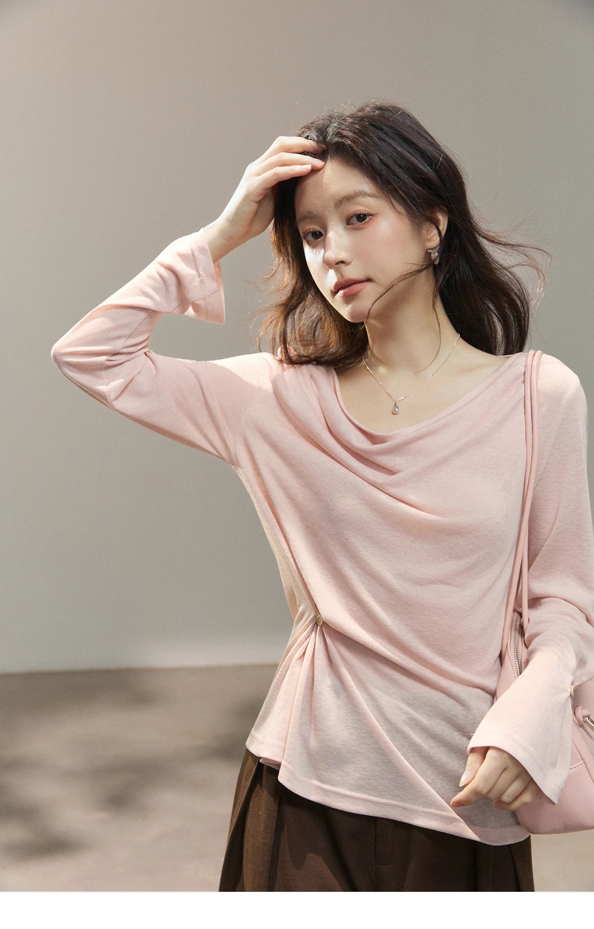 MISHOW Women's Multi Colored Knitted Top 2026 Spring Swinging Collar Flare Sleeve Top Side Twist Whist Casual T-Shirt MXF13T1473