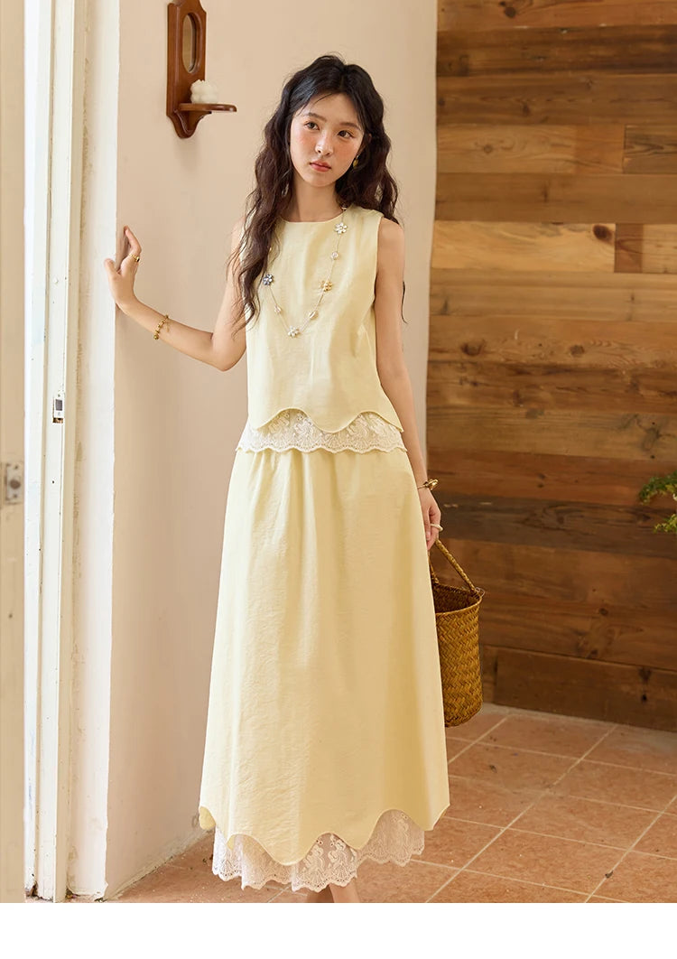 MISHOW Set 2 Piece 2025 Summer Women's O-Neck Lace Patchwork Sleeveless Top Elastic Waist Midi Skirt Elegnat Set MXE36T0641