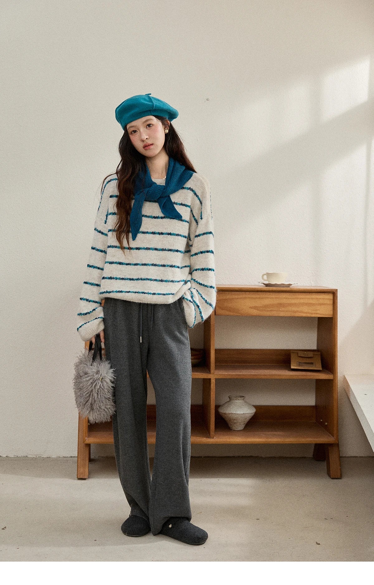 MISHOW Women's Blue Striped Sweater 2025 New Alpaca Wool Shawl Scarf Set Retro Loose Casual Knit Top Winter Clothes MXE90Z2821