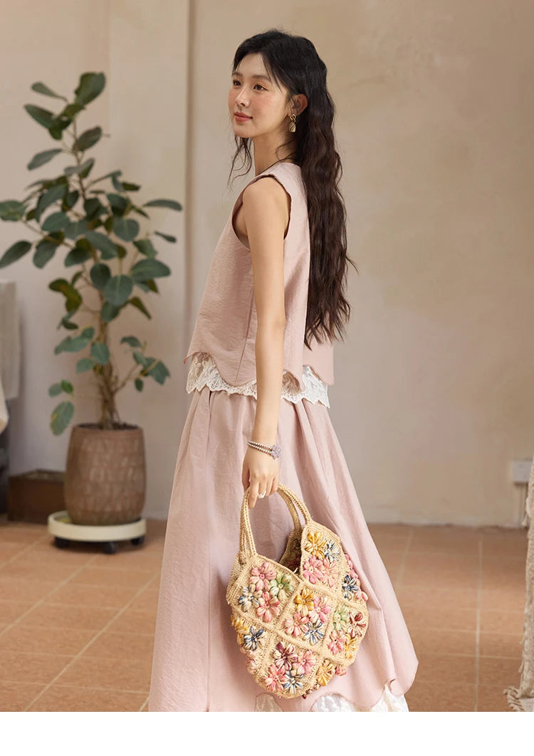 MISHOW Set 2 Piece 2025 Summer Women's O-Neck Lace Patchwork Sleeveless Top Elastic Waist Midi Skirt Elegnat Set MXE36T0641