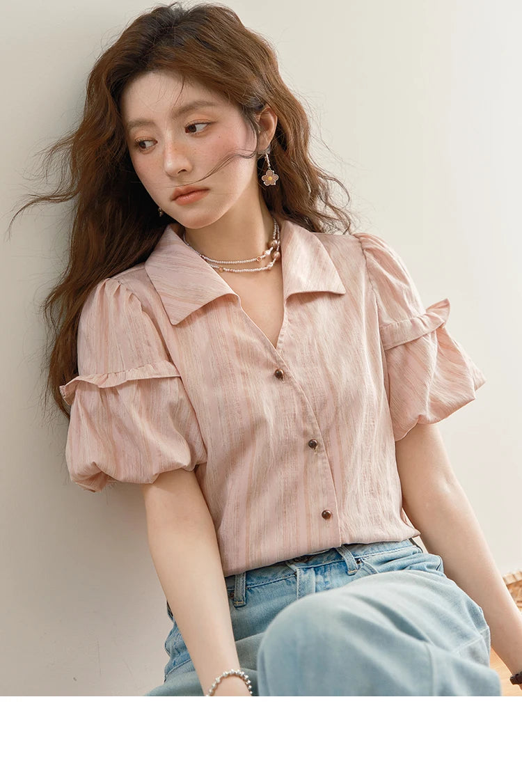 MISHOW Ladies Fashion Puff Sleeve Striped Shirt 2025 Summer New Commute Retro Turn-down Collar Top Women's Clothing MXE37C0808