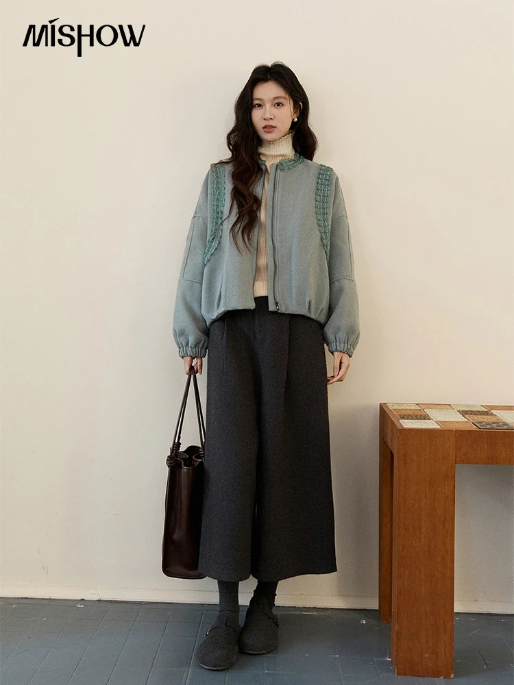 MISHOW Women's Light Blue Down Coats Winter Lace Decor Zipper Puff Sleeve Coats O Neck Loose Casual Warm Outerwear MXE94W1048