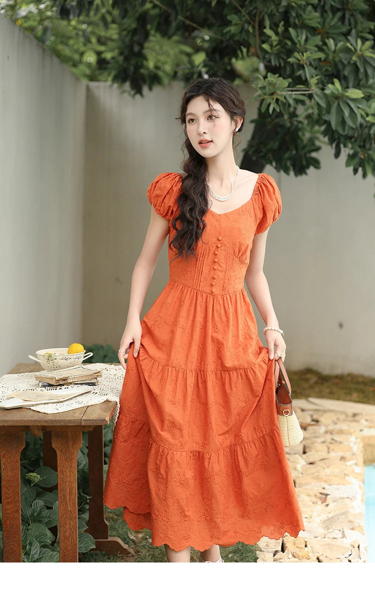 MISHOW 100 Cotton Orange Embroidered French Dress Women 2024 Summer V Neck Mid Length Dress Solid Loose A-line Dress MXD29L1931