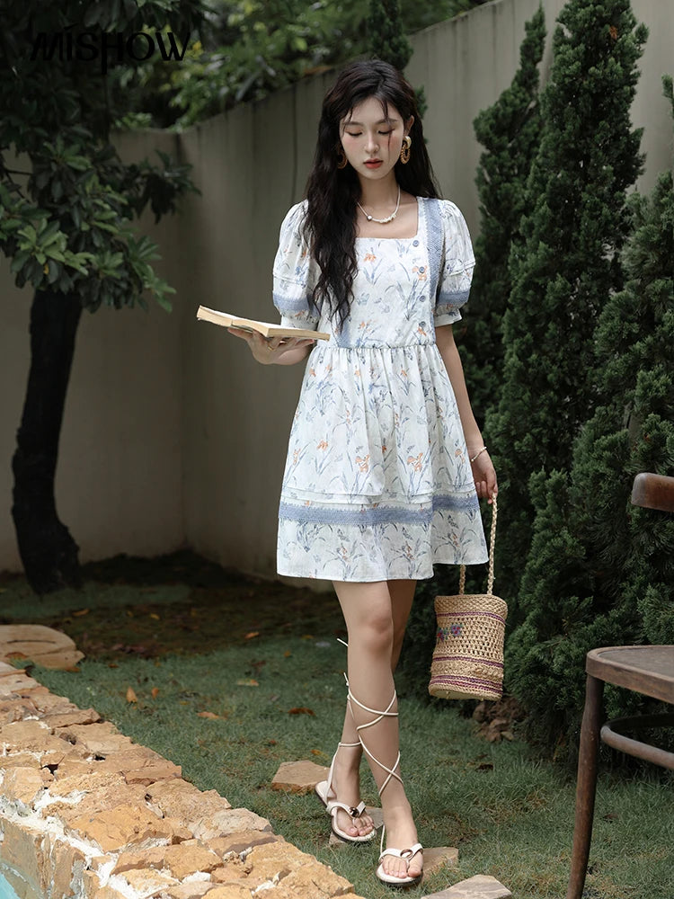 MISHOW Ink Wash Printed Fabric Dress for Women 2025 Summer French Oil Painting Square Neck Splicing Lace Doll Dresses MXD29L1932