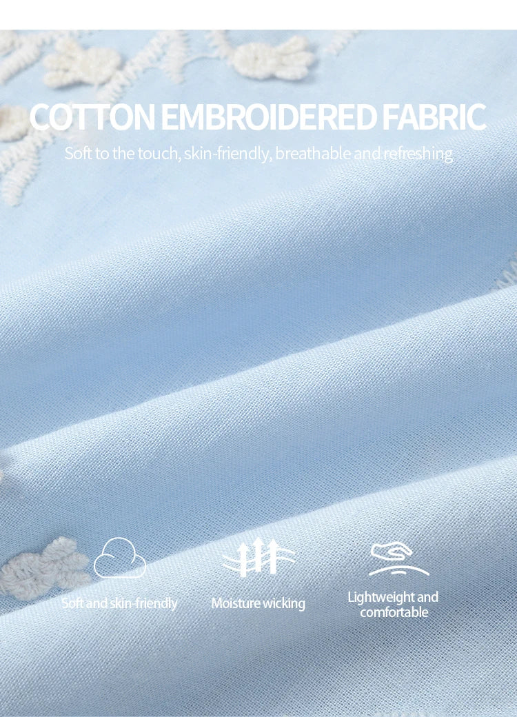 MISHOW Blue Pure Cotton Embroidered Blouses 2025 Summer Wave Edged O-neck Tops Contrasting Lace Up Loose Doll Blouses MXE35X1791