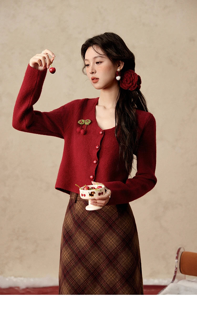 MISHOW Red Knitted Short Cardigan Women Autumn Winter New Cherry Ornaments Sweet Slim Fit V-neck Long Sleeve Tops MXD112Z1006