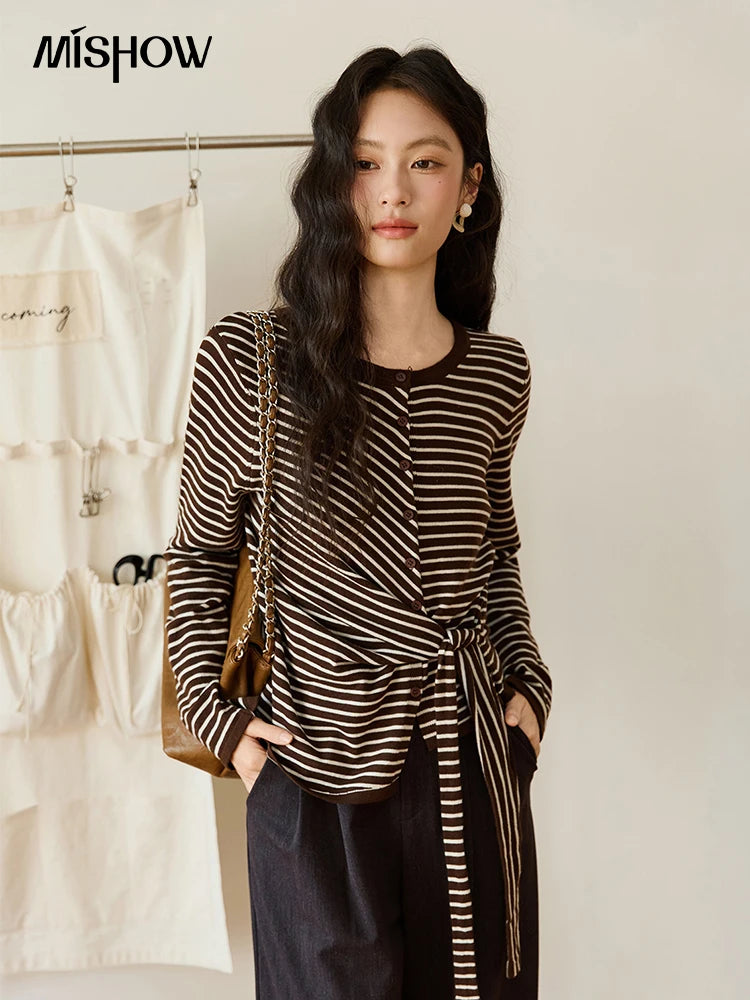 MISHOW Women's Coffee Striped Knitted Top 2025 Autumn Retro Commute Long Sleeves Loose Cardigan Sweater Women Clothes MXE46Z2537