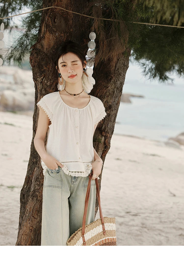 MISHOW Embroidered French Shirt Women Summer 2025 Short Sleeve Round Neck Solid Blouses Female Fashion New Tops Lady MXE33X1744