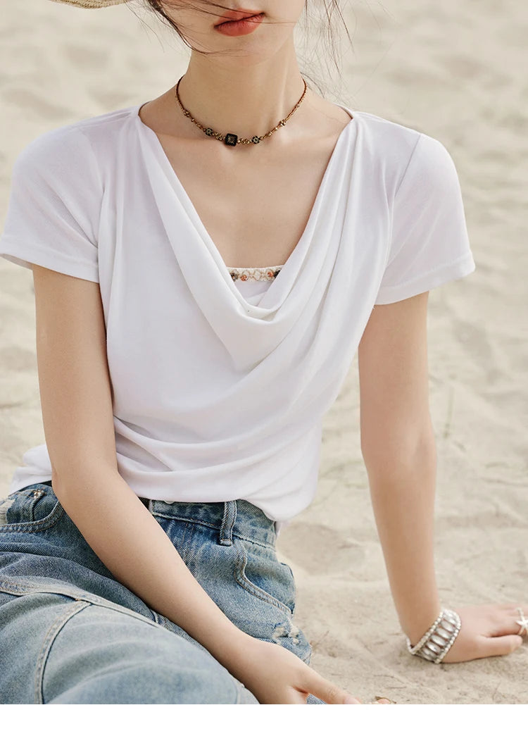 MISHOW Casual Summer Shirts Women 2025 Fashion Short Sleeve Swing Collar Solid T-shirt Female Slim Shell Ribbon Tops MXE33T0524