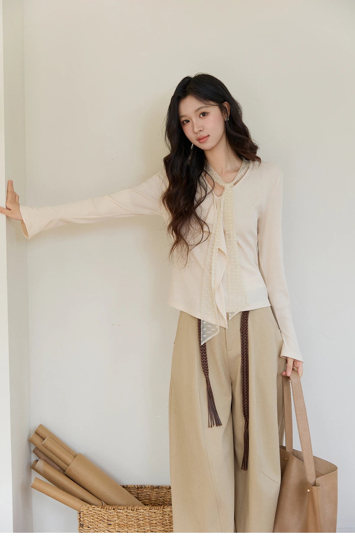 MISHOW Women's V-neck Splicing Lace Ribbon Long Sleeve Tops Spring Ruffled Asymmetrical Hem Flare Sleeve Knitwear MXF108Z1016