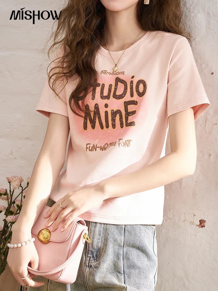 MISHOW Letter Print Short Sleeve T-shirt for Women 2024 Spring Summer New Loose Casual Tshirt Woman Crew Neck Tee Top MXD13T0164