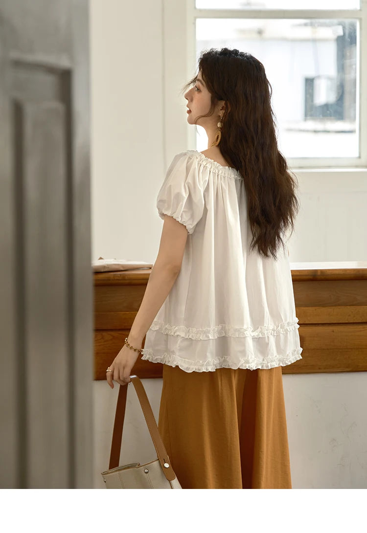 MISHOW Women's Fashion Puff Sleeve Blouse 2025 Summer Casual O-Neck Edible Tree Fungus Spliced Top Female Clothing MXE39X1929