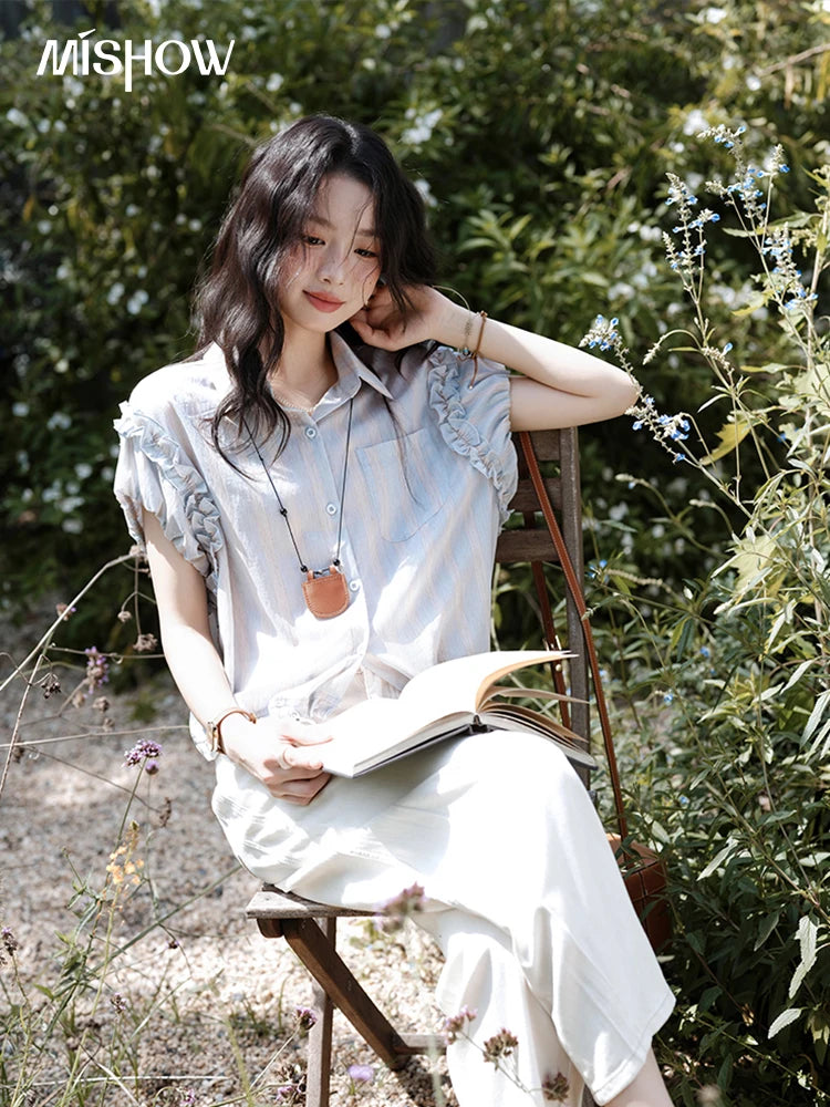 MISHOW Women's Short Sleeve Shirt 2025 Summer Ladies Turn-down Collar Button Shirt Casual Striped Top Female Clothing MXE38C2347