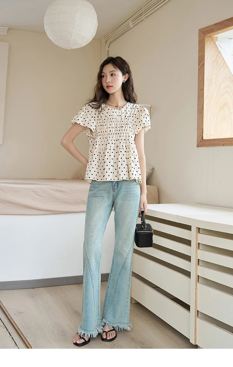 MISHOW Polka Dot Blouses for Women 2025 Summer French Flying Sleeve O Neck Elastic Folds Loose Retro Female Doll Top MXC39X1291
