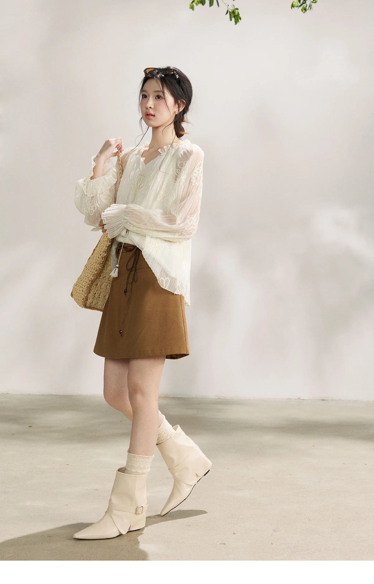 MISHOW Women's Tassel Tie Flower Embroidered Blouse 2026 Spring V-Neck Lantern Sleeves Top Casual Loose Sheer Blouses MXF13X2525