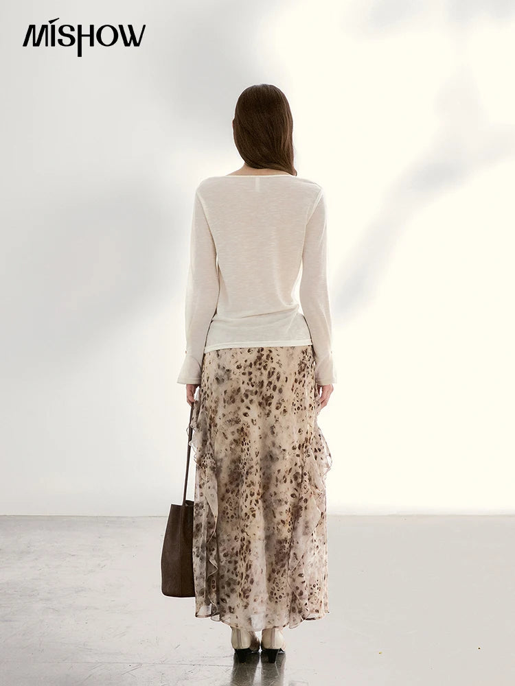 MISHOW Women's Leopard Print Maxi Skirt Spring Ruffled Chiffon Elastic Waist Skirts Casual Retro Flowy Long Skirt MXF108B0772