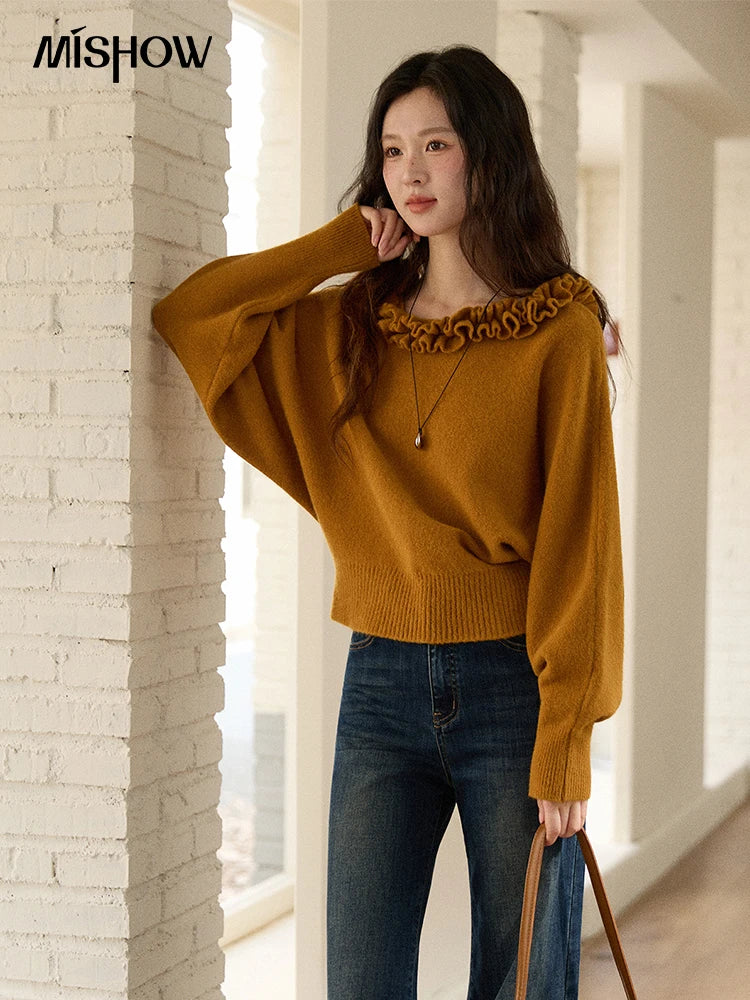 MISHOW Pullovers Women 2025 French Style Orange Lotus Edge Crew Neck Lantern Sleeves Top Slim Luxury Women's Sweaters MXE86Z2726