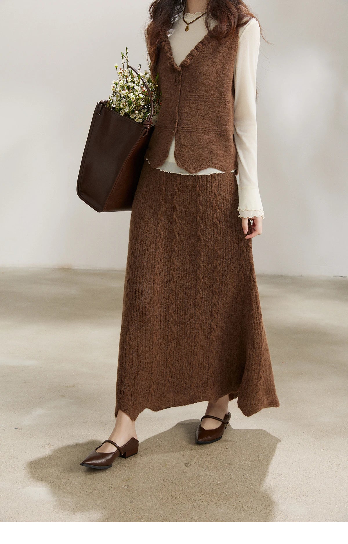 MISHOW Women's Brown Two-Piece Set 2026 Spring Knitted Vest V-Neck Cable Knit Maxi Skirt Casual Retro Warm Outfit MXF11T1460