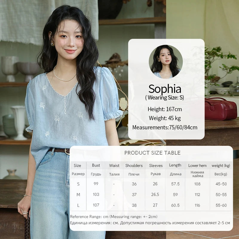 MISHOW Women's Coral Embroidery Summer Blouse 2025 New Fashion V-neck Puff Sleeve Blouse Casual Women's Clothing MXE37X1850