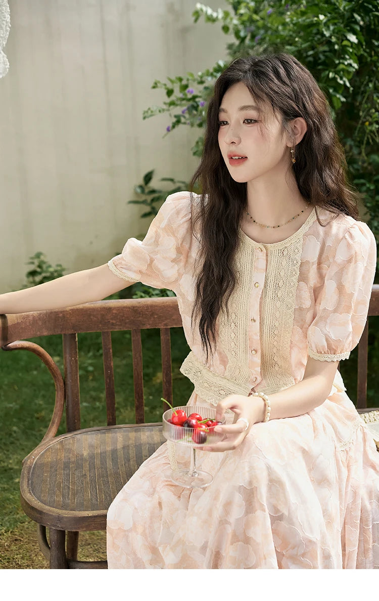 MISHOW French Embroidered Lace Bubble Sleeve Top & Elastic Waist Skirt Set MXD23X1428
