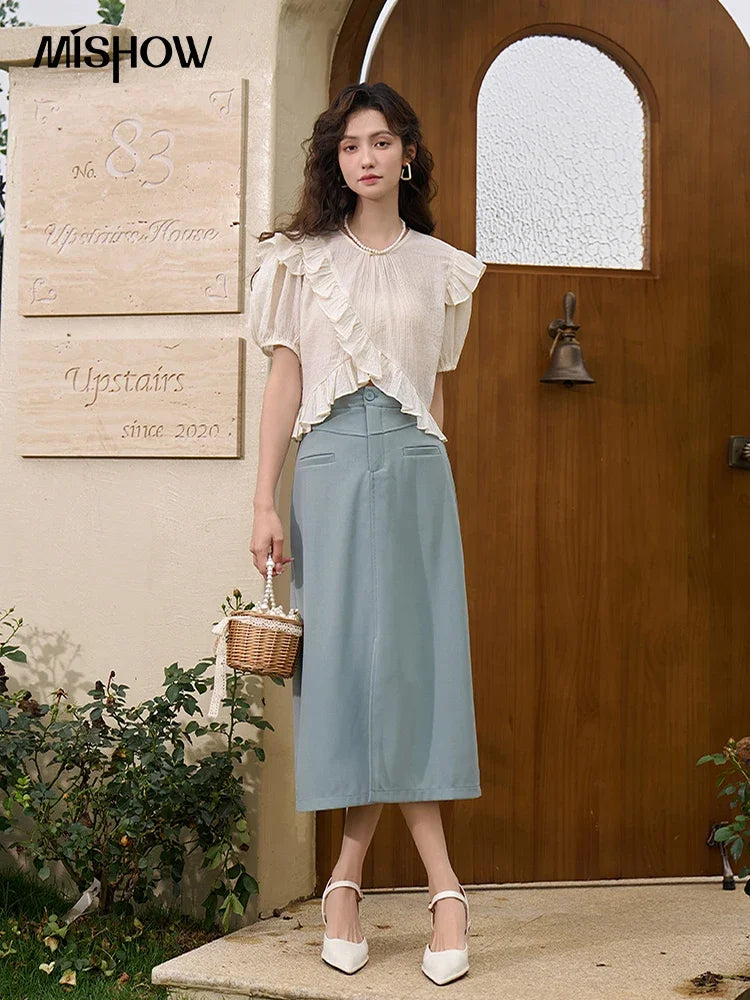 MISHOW Women's Suit Straight Midi Skirt 2025 Summer High Waist Slim Solid Front Fork Female Rear Elastic Waist Skirts MXC15B0026