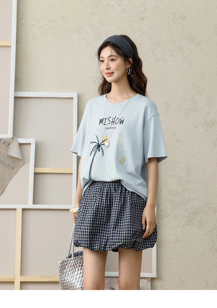 MISHOW Casual Print T-shirts Women 2025 Summer New Short Sleeve Round Neck Coconut Tree Pattern Shirt Woman Holiday MXE31T0516