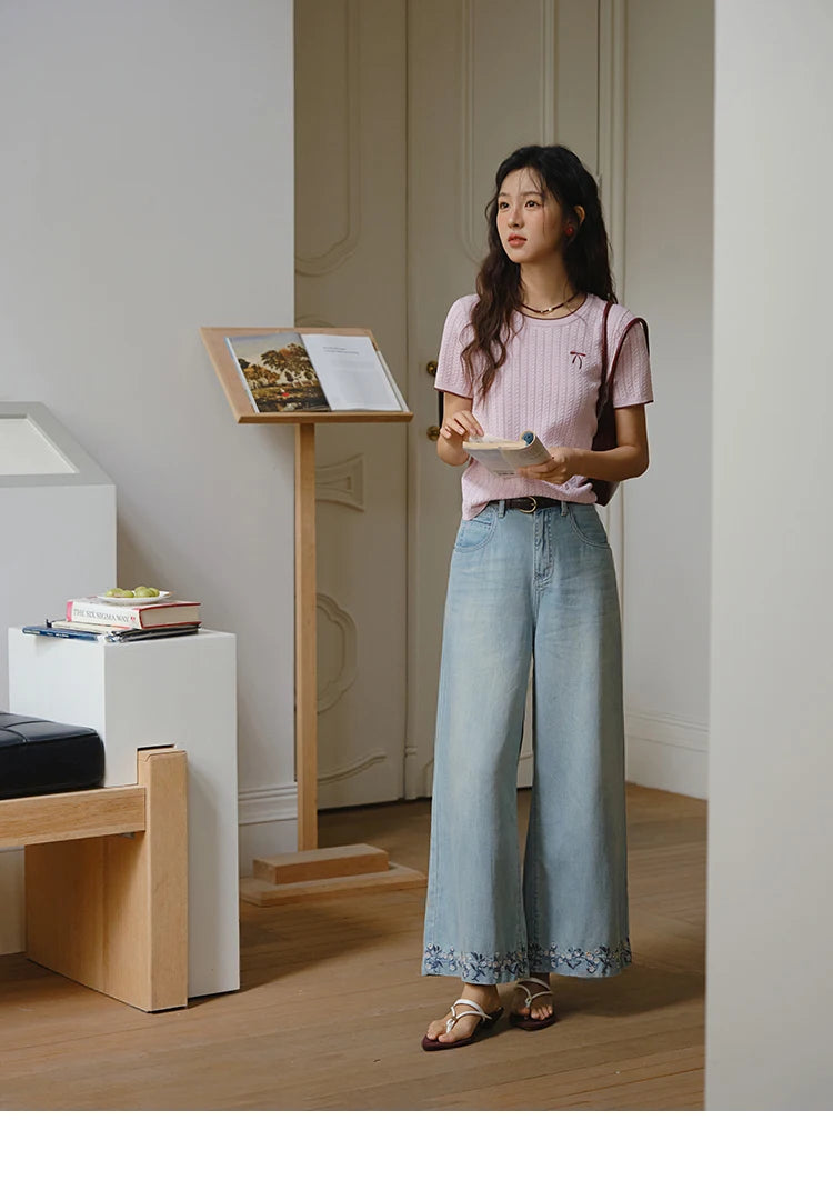 Mishow Flower Embroidery High Waist Wide Leg Jeans MXE37K0991