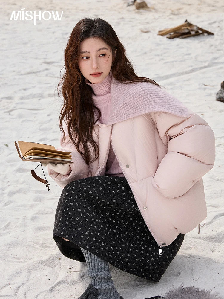 MISHOW Woolen Lapel Short Down Jacket 2025 Winter Women Thick Warm Down Jacket Pink Bread Jacket Commuting Outerwear MXE92Y0089