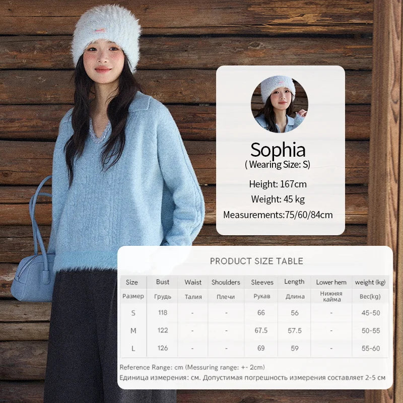 MISHOW Luxury Women's Sweaters 2025 Winter Blue Polo Collar Cable Knit Faux Mink Pullovers Loose Commute Tops Lady MXE88Z2756
