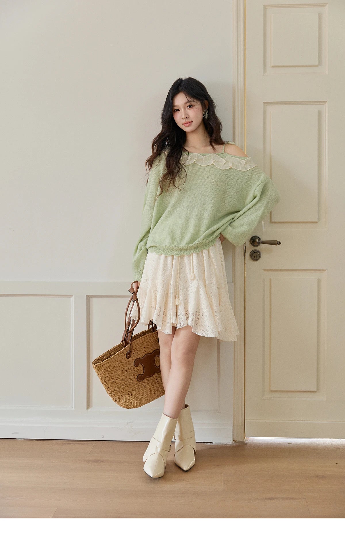 MISHOW Women's Light Green Knit Sweater 2026 Spring Asymmetrical Side Exposed Shoulder Tops Ruffled Casual Loose Top MXF108Z1027