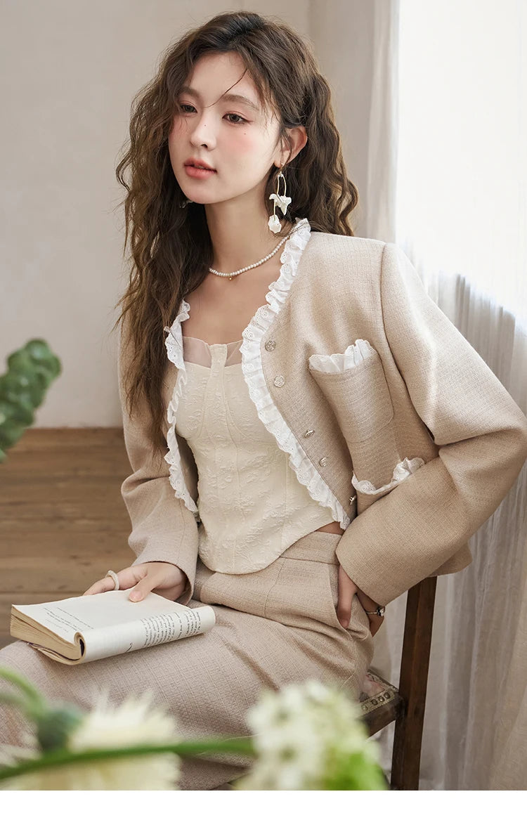MISHOW French Fragrant Coat Solid Skirt Separately 2025 Spring Collar Pocket Splicing Lace Top Hem Split Back Skirt MXD12W0274
