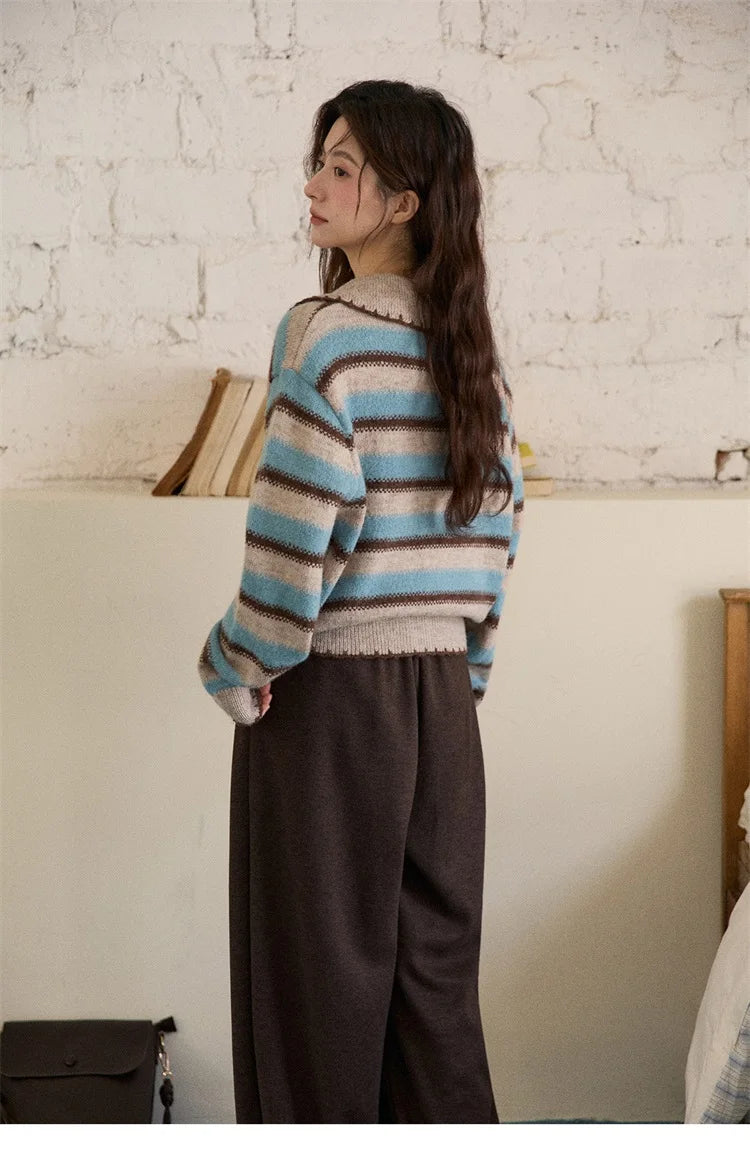 MISHOW Striped Cardigan for Women 2025 Winter Retro Unique Design V-neck Single-breasted Sweater Wool Long Sleeve Top MXE87Z2681