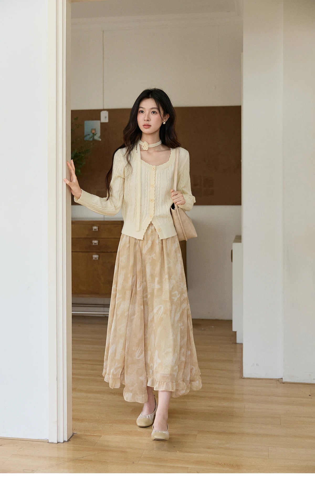 MISHOW Women's Beige Cable Knit Cardigan 2026 Spring Square Neck Long Sleeve Slim Casual Knitwear with Flower Ribbon MXF11Z2903