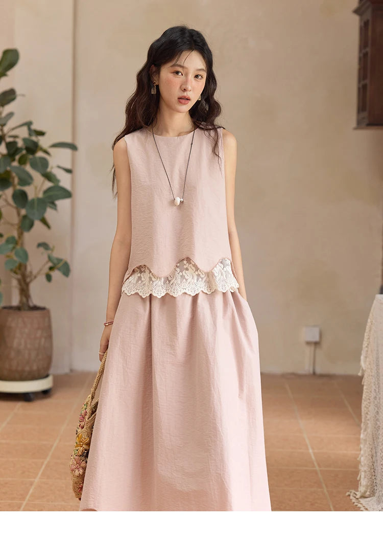 MISHOW Set 2 Piece 2025 Summer Women's O-Neck Lace Patchwork Sleeveless Top Elastic Waist Midi Skirt Elegnat Set MXE36T0641